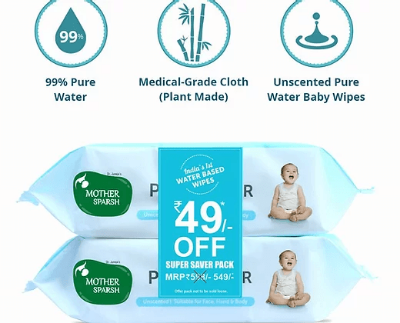 Picture of Mother Sparsh 99% Water Wipes COMBO (72 Unscented Baby Wipes x2)