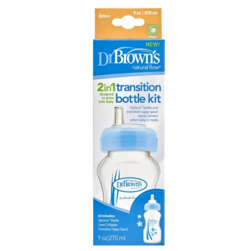 Picture of Dr. Brown's 9 oz / 270ml PP Wide-Neck "Options" Transition Bottle w/ Sippy Spout - Blue, 1-Pack