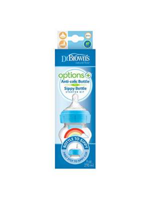 Picture of Dr. Brown's 9 oz / 270ml Options+ Wide-Neck Blue Deco Bottle w/ Sippy Spout (+L3 Nipple in Bottle), Single