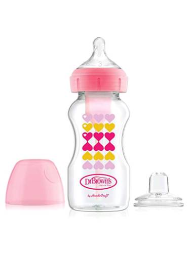 Picture of Dr. Brown's 9 oz / 270ml Options+ Wide-Neck Pink Deco Bottle w/ Sippy Spout (+L3 Nipple in Bottle), Single