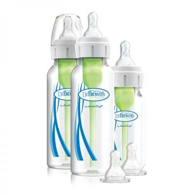 Picture of Dr. Brown's PP Narrow-Neck "Options" Starter Kit (2x 8 oz/250ml bottles, 1x 4 oz/120ml bottle, 2x L2 Nipples, 1x Cleaning Brush)