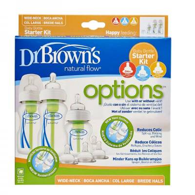 Picture of Dr. Brown's PP Wide-Neck "Options" Baby Bottle Starter Kit (2x 9 oz/270ml bottles, 1x 5 oz/150ml bottles, 2x L2 Nipples, 2x L3 Nipples, 2x Cleaning Brushes)