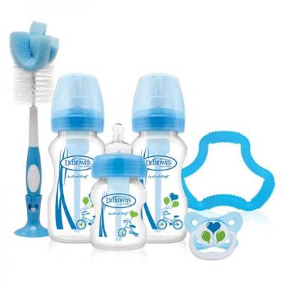 Picture of Dr. Brown's Wide-Neck "Options" BLUE Gift Set (2x 9 oz/270ml bottles, 1x 5 oz/150ml bottle, 1 Blue Bottle Brush, 1 Blue Flexees Teether, 1 Classic Pacifier, 2 Cleaning Brushes)