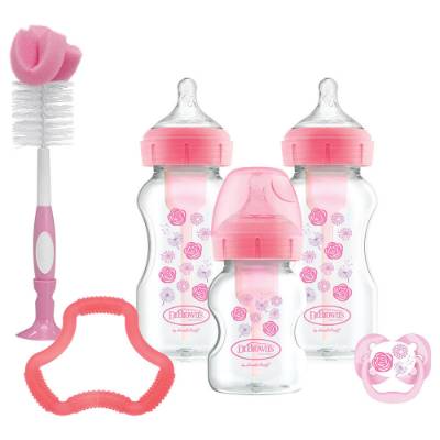 Picture of Dr. Brown's Wide-Neck "Options" PINK Gift Set (2x 9 oz/270ml bottles, 1x 5 oz/150ml bottle, 1 Pink Bottle Brush, 1 Pink Flexees Teether, 1 Classic Pacifier, 2 Cleaning Brushes)